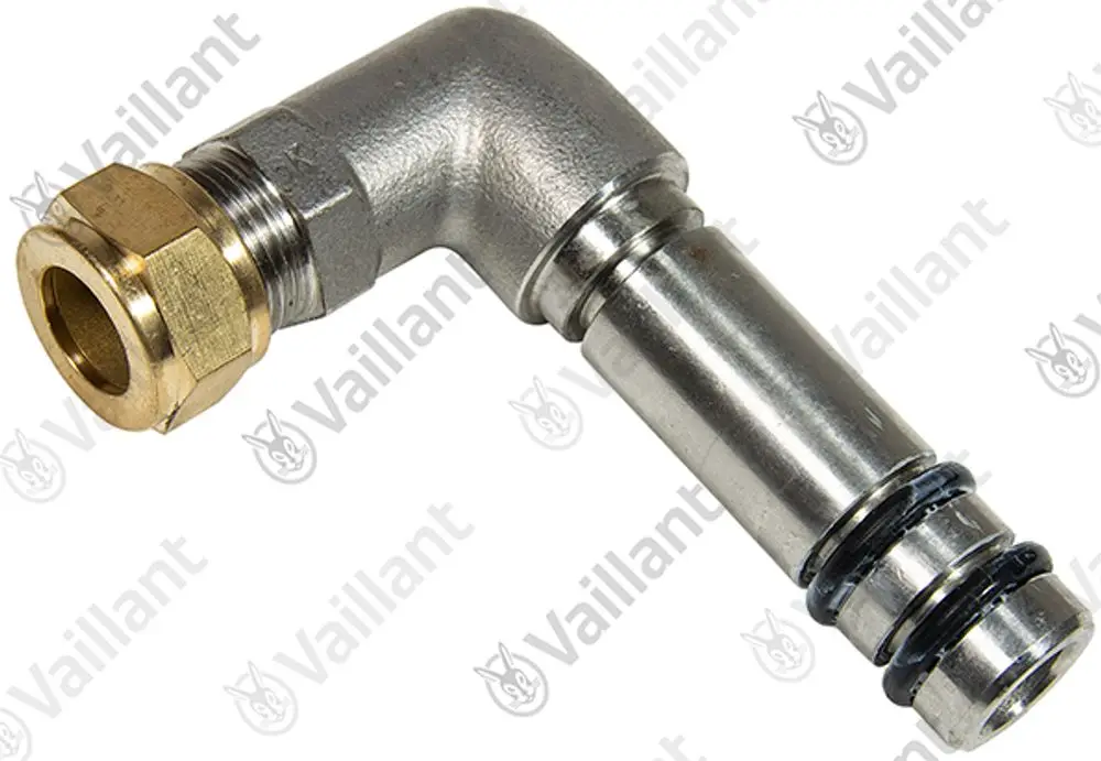 Vaillant Quetschverschraubung mit einem Winkel und einer Metalloberfläche, ausgestattet mit Dichtungen. Geeignet für Rohrverbindungen.
